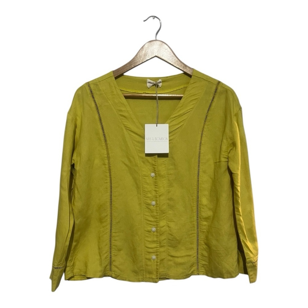 Mus & Bombon Barcelona Marshall Linen Blend Top Women's XS V Neck Buttons NWT